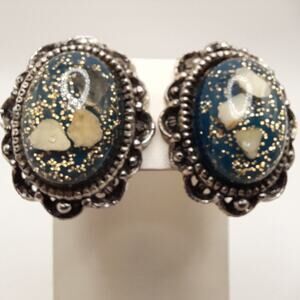 Vintage 1950s Lucite Glitter Shell Clip On Earrings Silver Filigree Frame